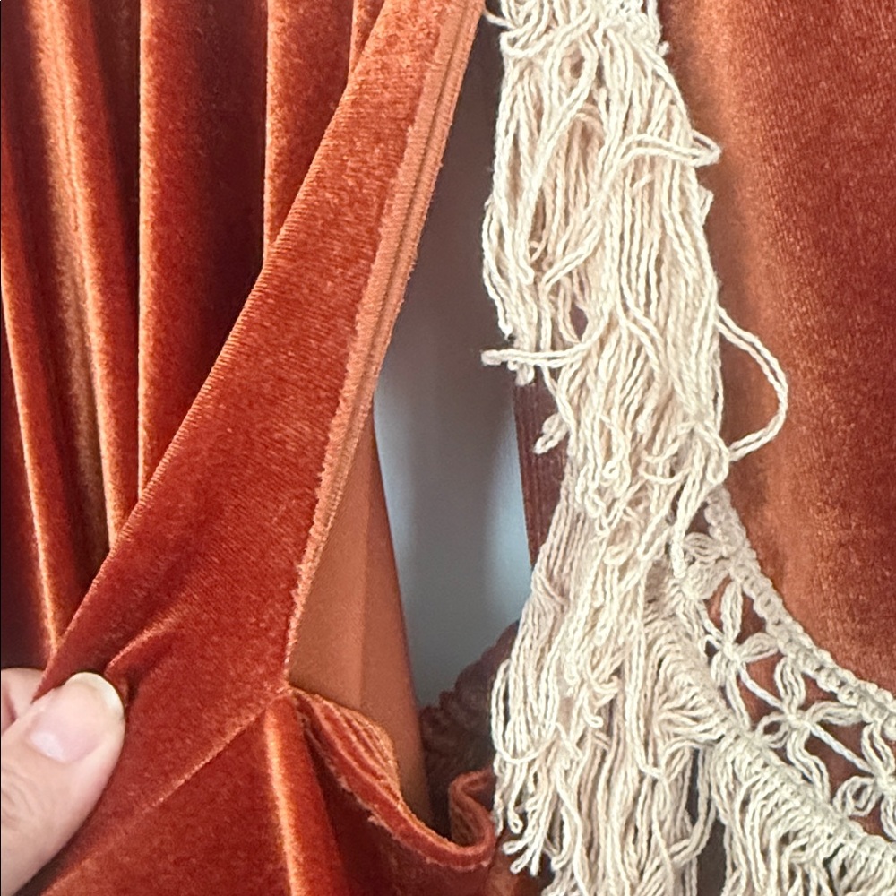 Reclamation dress Elegant Rust Velvet Gown with Lace Trim - Picture 11 of 11